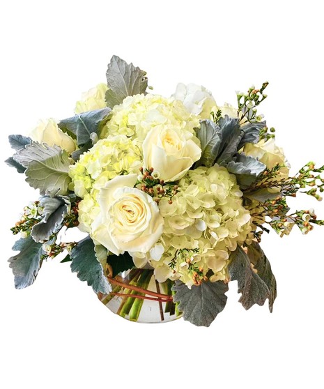 Bowl of Fresh Cut Hydrangeas & Roses