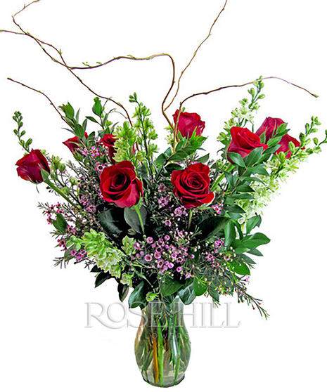 One dozen long-stemmed roses and greenery
