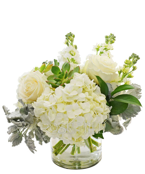 Cylinder vase filled with elegant white and green hydrangea, roses, stock and dusty miller