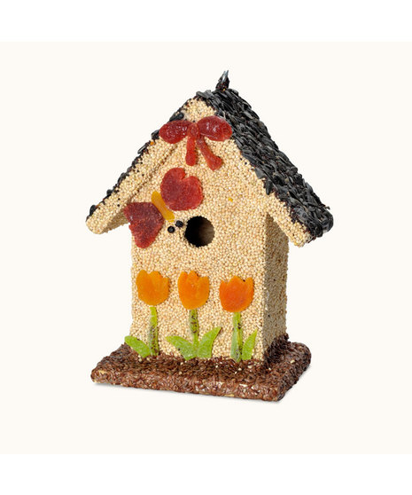 Bird house made out of premium bird seed.