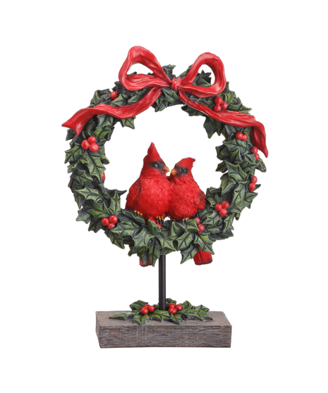 Cardinal holly wreath that is 13.5 inches tall.