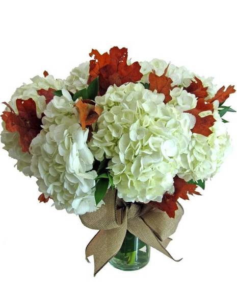 Lovely cluster of hydrangea with fall leaves and a burlap bow 
