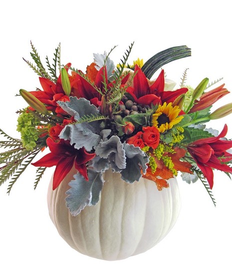 Fall Flowers in a white ceramic pumpkin