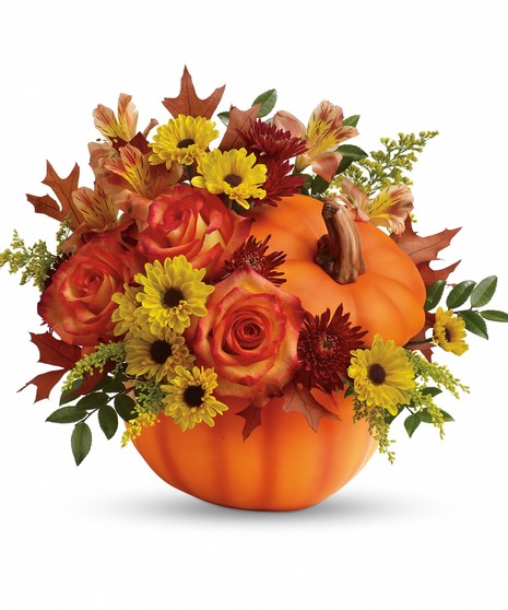 Ceramic Pumpkin Filled with Autumn Flowers